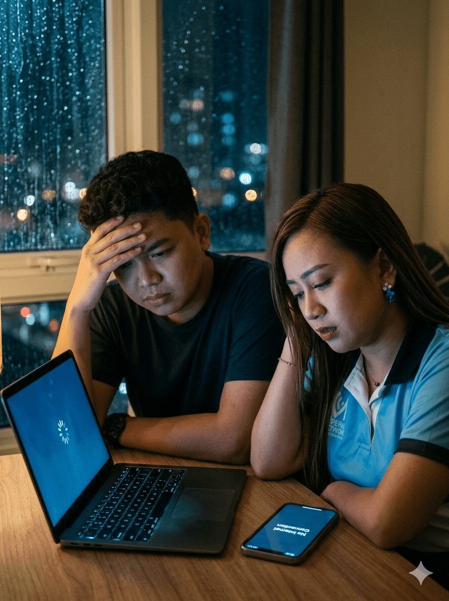 Frustrated couple with loading laptop on a rainy night