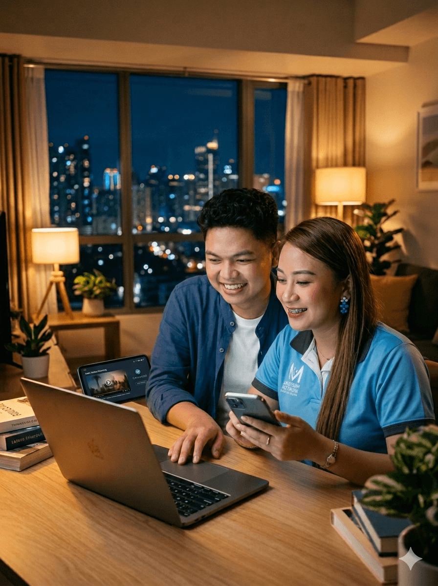 Happy couple with working devices and city skyline
